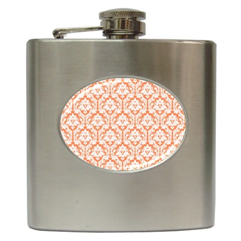 White On Orange Damask Hip Flask from ArtsNow.com Front