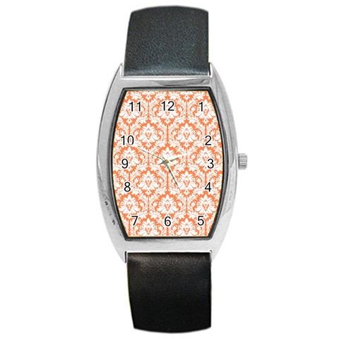 White On Orange Damask Tonneau Leather Watch from ArtsNow.com Front