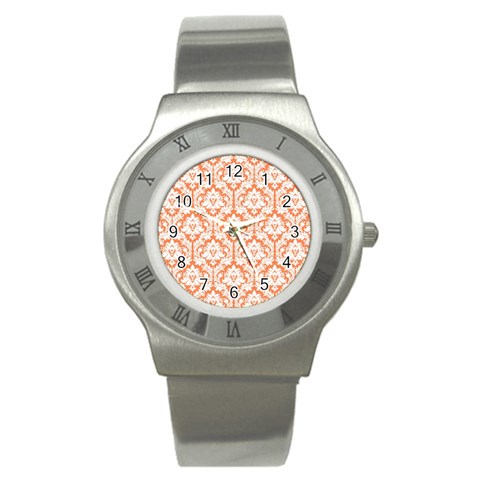 White On Orange Damask Stainless Steel Watch (Slim) from ArtsNow.com Front