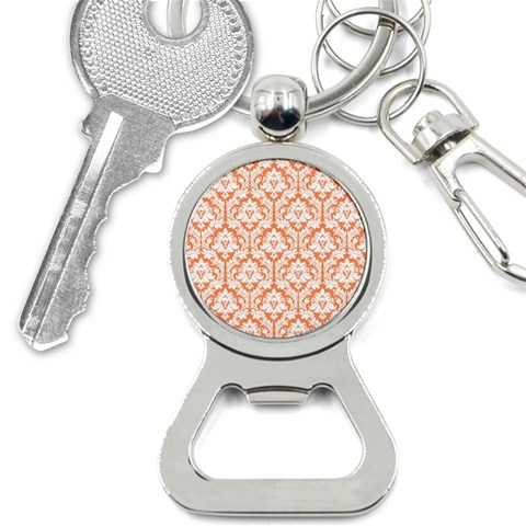 White On Orange Damask Bottle Opener Key Chain from ArtsNow.com Front