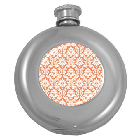 White On Orange Damask Hip Flask (Round) from ArtsNow.com Front