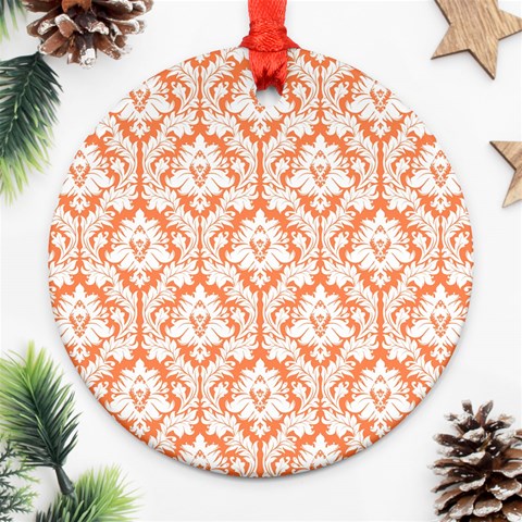 White On Orange Damask Round Ornament (Two Sides) from ArtsNow.com Front