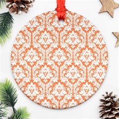 White On Orange Damask Round Ornament (Two Sides) from ArtsNow.com Front