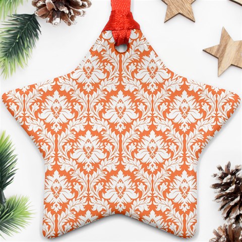 White On Orange Damask Star Ornament (Two Sides) from ArtsNow.com Front