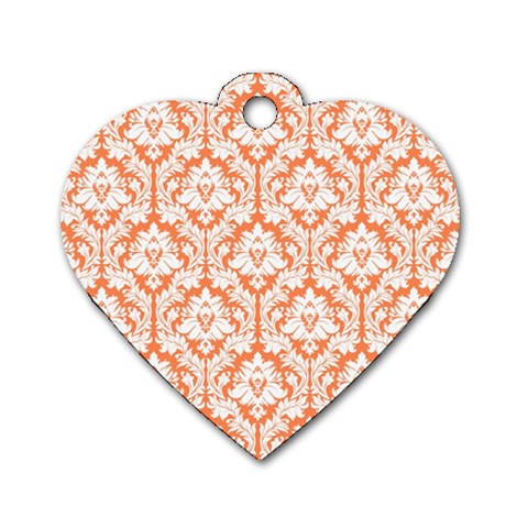 White On Orange Damask Dog Tag Heart (One Sided)  from ArtsNow.com Front