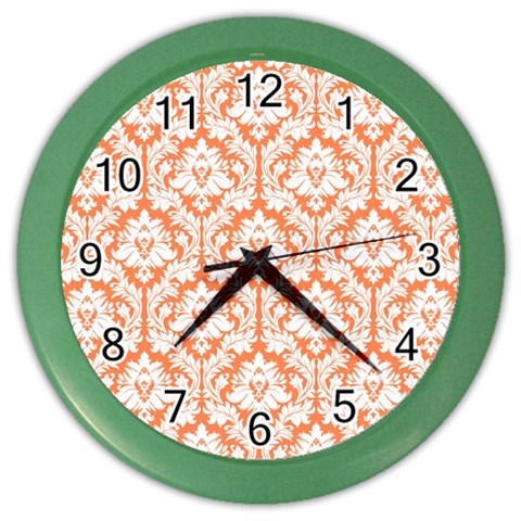 White On Orange Damask Wall Clock (Color) from ArtsNow.com Front