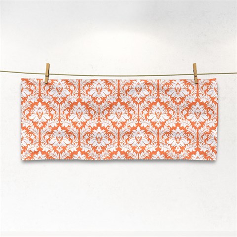 White On Orange Damask Hand Towel from ArtsNow.com Front