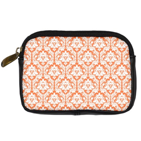 White On Orange Damask Digital Camera Leather Case from ArtsNow.com Front