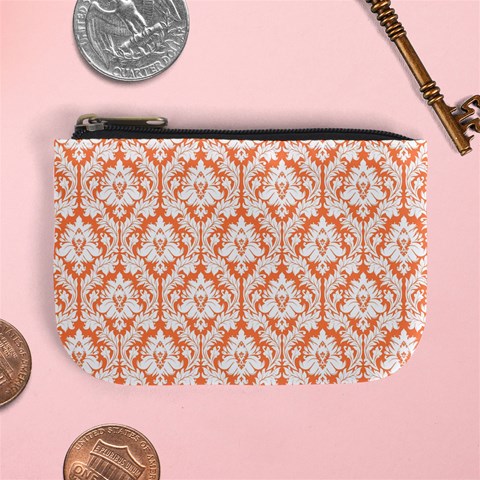 Nectarine Orange Damask Pattern Mini Coin Purse from ArtsNow.com Front