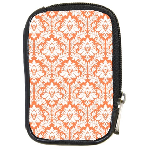 White On Orange Damask Compact Camera Leather Case from ArtsNow.com Front