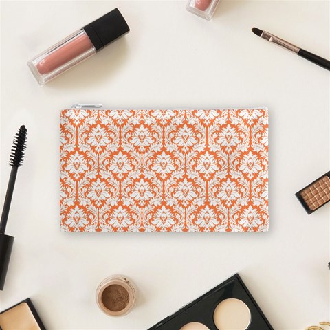 Nectarine Orange Damask Pattern Cosmetic Bag (Small) from ArtsNow.com Front