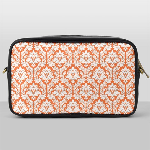 White On Orange Damask Travel Toiletry Bag (One Side) from ArtsNow.com Front