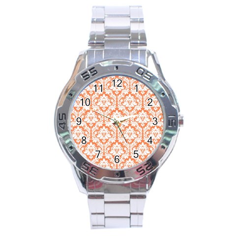 White On Orange Damask Stainless Steel Watch from ArtsNow.com Front