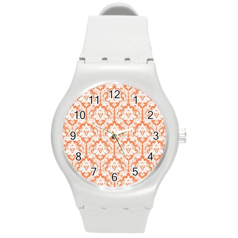 White On Orange Damask Plastic Sport Watch (Medium) from ArtsNow.com Front