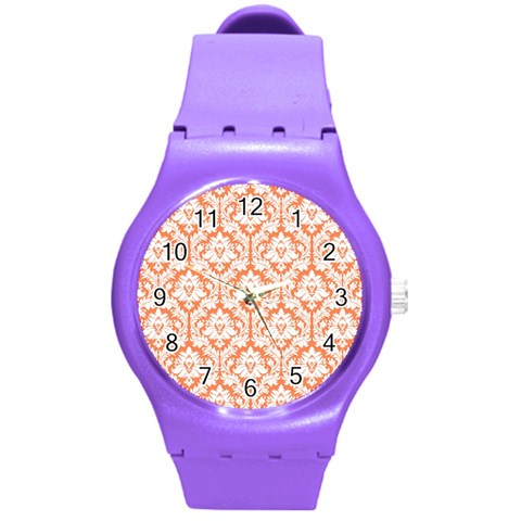 White On Orange Damask Plastic Sport Watch (Medium) from ArtsNow.com Front