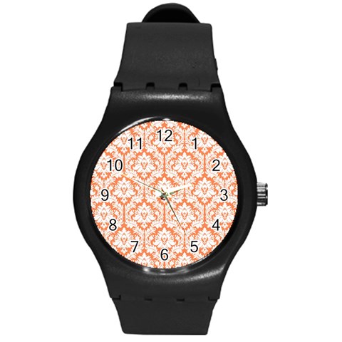 White On Orange Damask Plastic Sport Watch (Medium) from ArtsNow.com Front