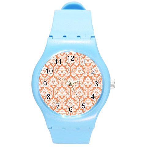 White On Orange Damask Plastic Sport Watch (Medium) from ArtsNow.com Front