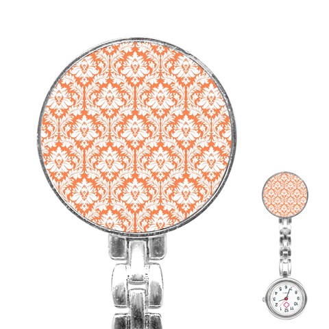 White On Orange Damask Stainless Steel Nurses Watch from ArtsNow.com Front