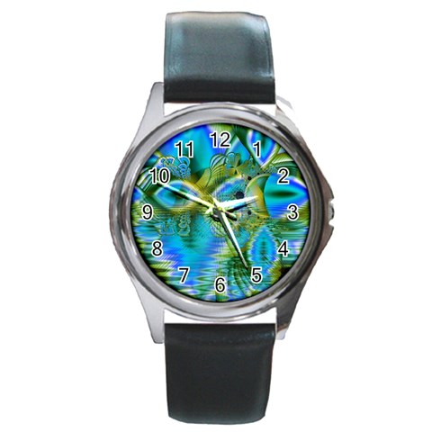 Mystical Spring, Abstract Crystal Renewal Round Leather Watch (Silver Rim) from ArtsNow.com Front