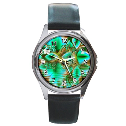 Spring Leaves, Abstract Crystal Flower Garden Round Leather Watch (Silver Rim) from ArtsNow.com Front