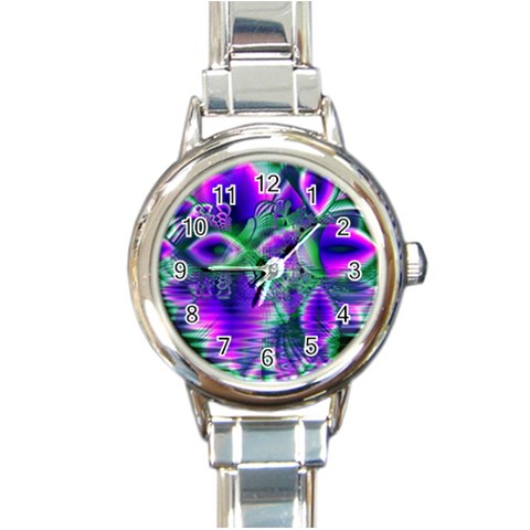 Evening Crystal Primrose, Abstract Night Flowers Round Italian Charm Watch from ArtsNow.com Front