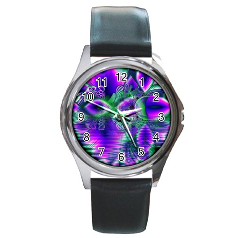 Evening Crystal Primrose, Abstract Night Flowers Round Leather Watch (Silver Rim) from ArtsNow.com Front