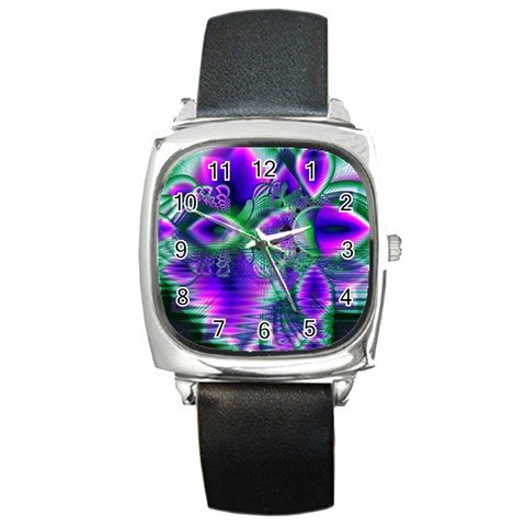 Evening Crystal Primrose, Abstract Night Flowers Square Leather Watch from ArtsNow.com Front