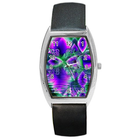 Evening Crystal Primrose, Abstract Night Flowers Tonneau Leather Watch from ArtsNow.com Front