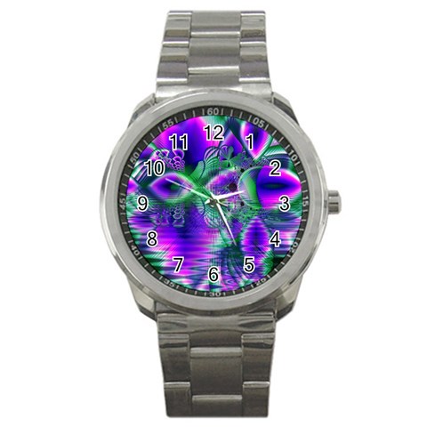 Evening Crystal Primrose, Abstract Night Flowers Sport Metal Watch from ArtsNow.com Front