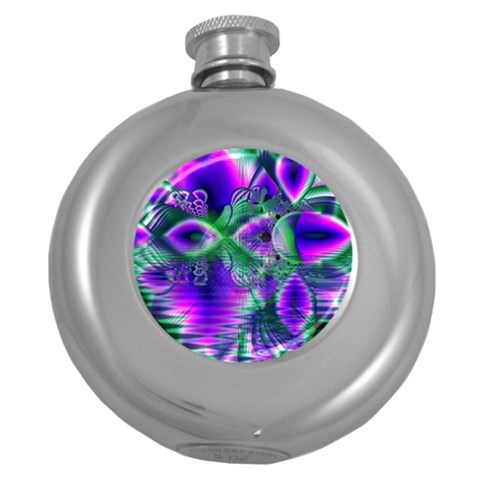 Evening Crystal Primrose, Abstract Night Flowers Hip Flask (Round) from ArtsNow.com Front