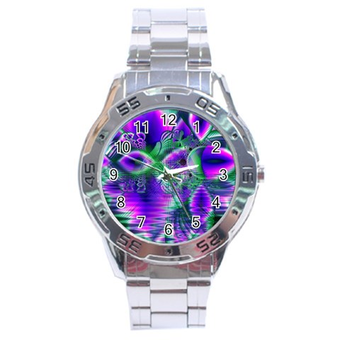 Evening Crystal Primrose, Abstract Night Flowers Stainless Steel Watch from ArtsNow.com Front