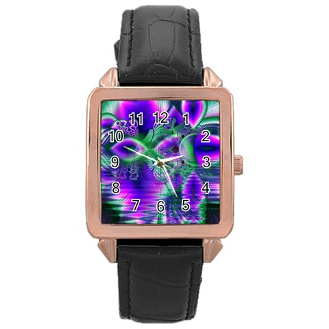 Evening Crystal Primrose, Abstract Night Flowers Rose Gold Leather Watch  from ArtsNow.com Front