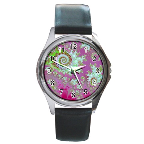 Raspberry Lime Surprise, Abstract Sea Garden  Round Leather Watch (Silver Rim) from ArtsNow.com Front