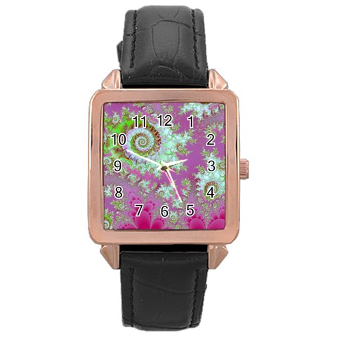 Raspberry Lime Surprise, Abstract Sea Garden  Rose Gold Leather Watch  from ArtsNow.com Front