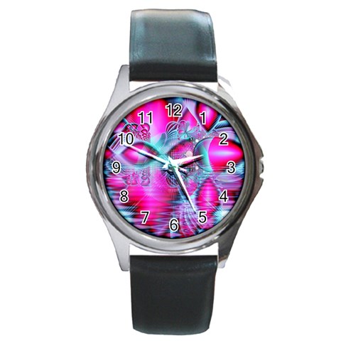 Ruby Red Crystal Palace, Abstract Jewels Round Leather Watch (Silver Rim) from ArtsNow.com Front