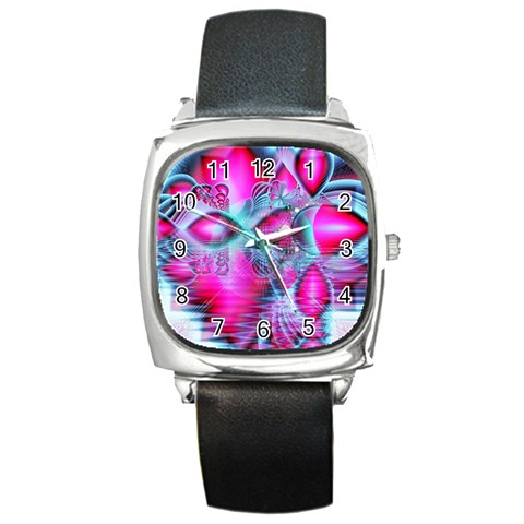 Ruby Red Crystal Palace, Abstract Jewels Square Leather Watch from ArtsNow.com Front