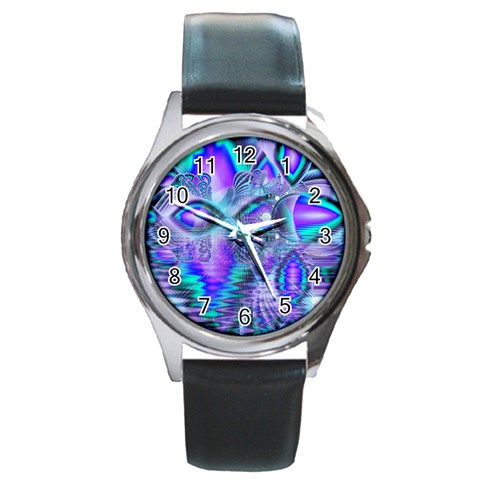 Peacock Crystal Palace Of Dreams, Abstract Round Leather Watch (Silver Rim) from ArtsNow.com Front