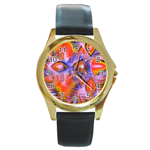 Crystal Star Dance, Abstract Purple Orange Round Leather Watch (Gold Rim)  from ArtsNow.com Front