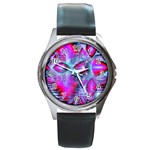 Crystal Northern Lights Palace, Abstract Ice  Round Leather Watch (Silver Rim)