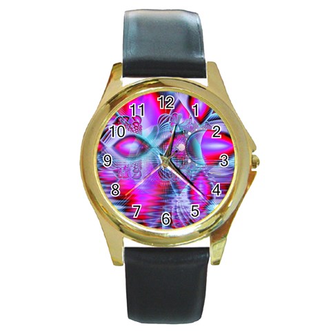 Crystal Northern Lights Palace, Abstract Ice  Round Leather Watch (Gold Rim)  from ArtsNow.com Front