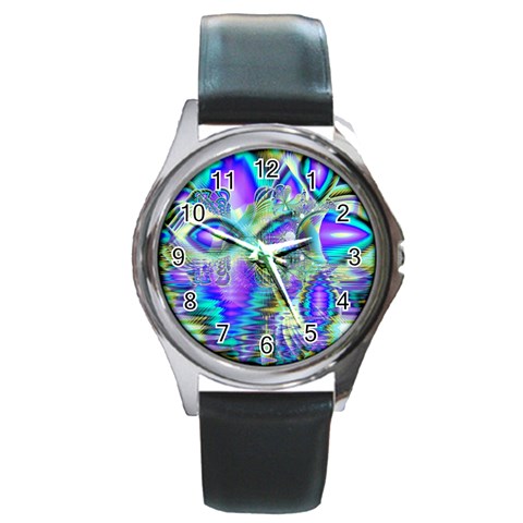 Abstract Peacock Celebration, Golden Violet Teal Round Leather Watch (Silver Rim) from ArtsNow.com Front