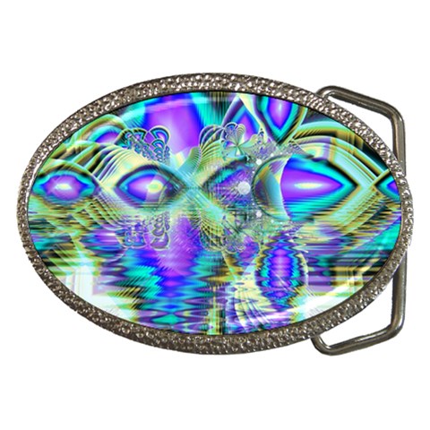 Abstract Peacock Celebration, Golden Violet Teal Belt Buckle (Oval) from ArtsNow.com Front