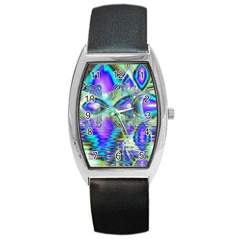 Abstract Peacock Celebration, Golden Violet Teal Tonneau Leather Watch from ArtsNow.com Front