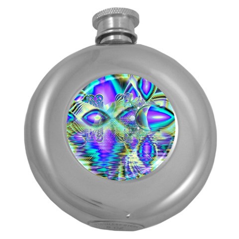 Abstract Peacock Celebration, Golden Violet Teal Hip Flask (Round) from ArtsNow.com Front