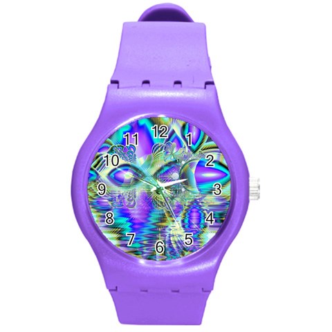 Abstract Peacock Celebration, Golden Violet Teal Plastic Sport Watch (Medium) from ArtsNow.com Front