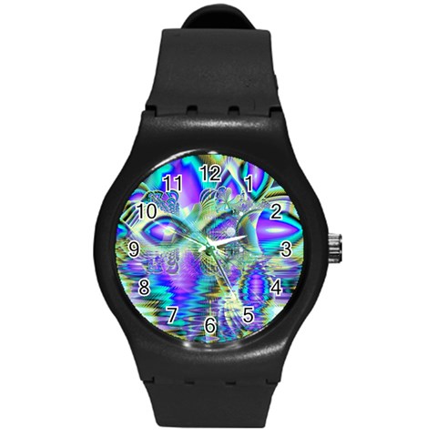 Abstract Peacock Celebration, Golden Violet Teal Plastic Sport Watch (Medium) from ArtsNow.com Front