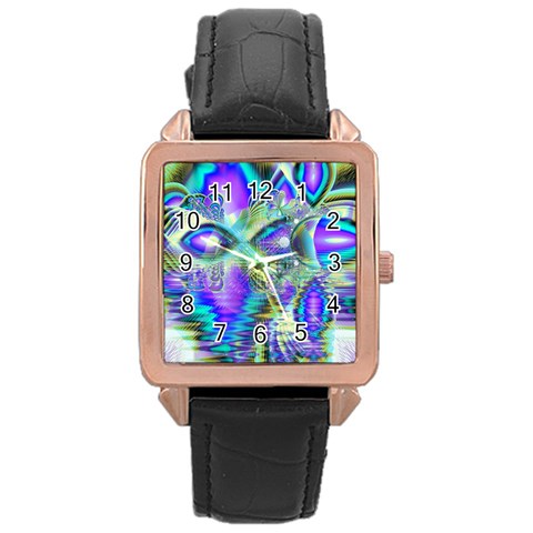 Abstract Peacock Celebration, Golden Violet Teal Rose Gold Leather Watch  from ArtsNow.com Front