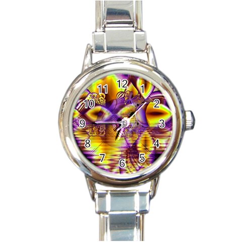 Golden Violet Crystal Palace, Abstract Cosmic Explosion Round Italian Charm Watch from ArtsNow.com Front