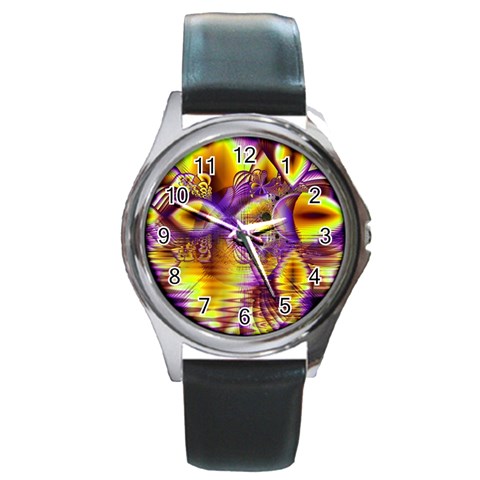 Golden Violet Crystal Palace, Abstract Cosmic Explosion Round Leather Watch (Silver Rim) from ArtsNow.com Front