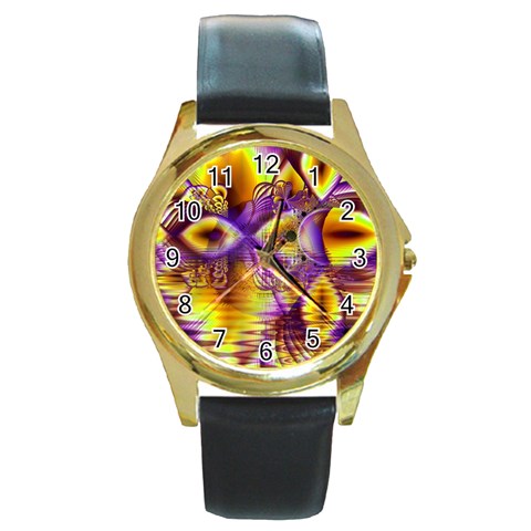 Golden Violet Crystal Palace, Abstract Cosmic Explosion Round Leather Watch (Gold Rim)  from ArtsNow.com Front